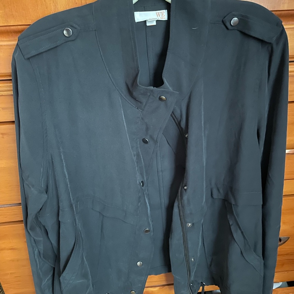 Black Utility Jacket with Collarless Design and Epaulettes